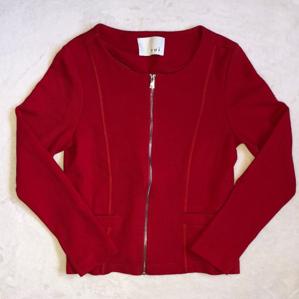Oui Red Zip-Up Long Sleeve Scoop Neck Blazer Jacket